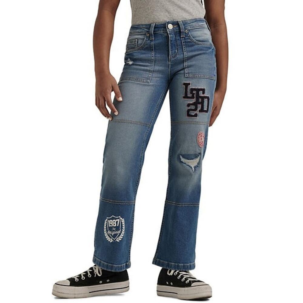 Limited Too Kids Varsity Letter Logo Patch Distressed Blue Denim Jeans Sz 10 Y2K